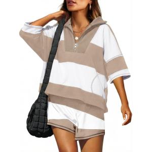 image:imageANRABESS Striped Short Sets for Women 2 Piece Outfits Summer Casual Oversized Workout Athletisure Travel Lounge Matching SetsLight Khaki White