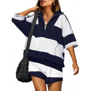 image:imageANRABESS Striped Short Sets for Women 2 Piece Outfits Summer Casual Oversized Workout Athletisure Travel Lounge Matching SetsNavy Blue White