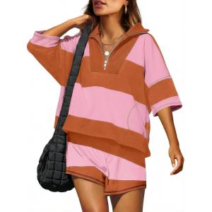 image:imageANRABESS Striped Short Sets for Women 2 Piece Outfits Summer Casual Oversized Workout Athletisure Travel Lounge Matching SetsPink Orange