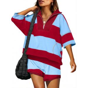 image:imageANRABESS Striped Short Sets for Women 2 Piece Outfits Summer Casual Oversized Workout Athletisure Travel Lounge Matching SetsRed Blue