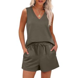 image:imageANRABESS Two Piece Sets for Women 2026 Summer Outfits Short Matching Lounge Set Casual V Neck Beach Vacation Travel ClothesArmy Green