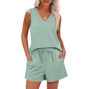 image:imageANRABESS Two Piece Sets for Women 2026 Summer Outfits Short Matching Lounge Set Casual V Neck Beach Vacation Travel ClothesGreen