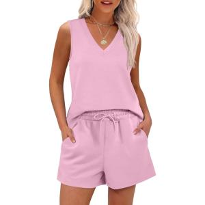 image:imageANRABESS Two Piece Sets for Women 2026 Summer Outfits Short Matching Lounge Set Casual V Neck Beach Vacation Travel ClothesPink