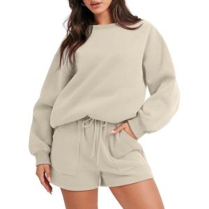 image:imageANRABESS Women 2 Piece Outfits Sweat Shorts Sets 2026 Oversized Casual Lounge Matching Set Sweatsuit Tracksuit Fall ClothesAlmond