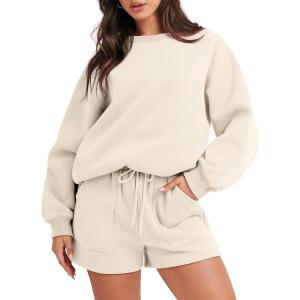 image:imageANRABESS Women 2 Piece Outfits Sweat Shorts Sets 2026 Oversized Casual Lounge Matching Set Sweatsuit Tracksuit Fall ClothesBeige