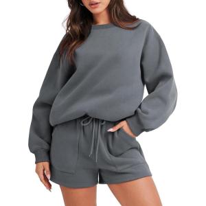 image:imageANRABESS Women 2 Piece Outfits Sweat Shorts Sets 2026 Oversized Casual Lounge Matching Set Sweatsuit Tracksuit Fall ClothesDark Grey