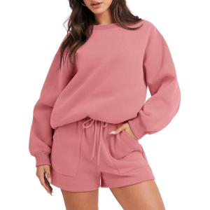 image:imageANRABESS Women 2 Piece Outfits Sweat Shorts Sets 2026 Oversized Casual Lounge Matching Set Sweatsuit Tracksuit Fall ClothesDark Pink