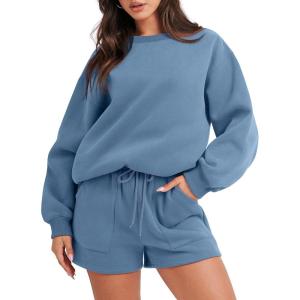 image:imageANRABESS Women 2 Piece Outfits Sweat Shorts Sets 2026 Oversized Casual Lounge Matching Set Sweatsuit Tracksuit Fall ClothesDeep Blue