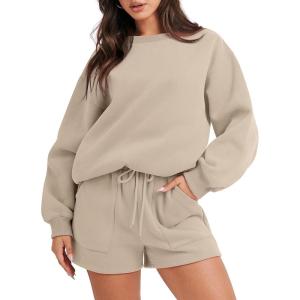 image:imageANRABESS Women 2 Piece Outfits Sweat Shorts Sets 2026 Oversized Casual Lounge Matching Set Sweatsuit Tracksuit Fall ClothesDeep Khaki