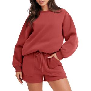 image:imageANRABESS Women 2 Piece Outfits Sweat Shorts Sets 2026 Oversized Casual Lounge Matching Set Sweatsuit Tracksuit Fall ClothesRust Red