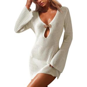 image:imageANRABESS Women Beach Cover Ups 2026 Summer Crochet Knit Swimwear Mesh Bathing Suit Hollow Out Dress Swimsuit Vacation ClothesBeige