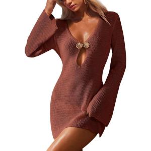image:imageANRABESS Women Beach Cover Ups 2026 Summer Crochet Knit Swimwear Mesh Bathing Suit Hollow Out Dress Swimsuit Vacation ClothesBrick Red