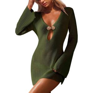 image:imageANRABESS Women Beach Cover Ups 2026 Summer Crochet Knit Swimwear Mesh Bathing Suit Hollow Out Dress Swimsuit Vacation ClothesGreen