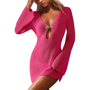 image:imageANRABESS Women Beach Cover Ups 2026 Summer Crochet Knit Swimwear Mesh Bathing Suit Hollow Out Dress Swimsuit Vacation ClothesHot Pink