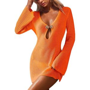 image:imageANRABESS Women Beach Cover Ups 2026 Summer Crochet Knit Swimwear Mesh Bathing Suit Hollow Out Dress Swimsuit Vacation ClothesOrange