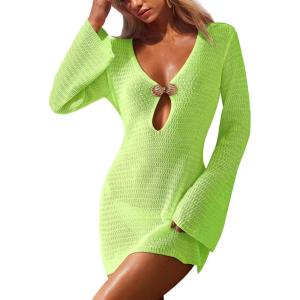image:imageANRABESS Women Beach Cover Ups 2026 Summer Crochet Knit Swimwear Mesh Bathing Suit Hollow Out Dress Swimsuit Vacation ClothesPea Green