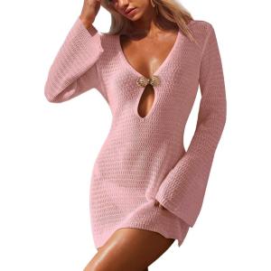 image:imageANRABESS Women Beach Cover Ups 2026 Summer Crochet Knit Swimwear Mesh Bathing Suit Hollow Out Dress Swimsuit Vacation ClothesPink