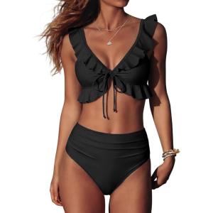 image:imageANRABESS Women High Waisted Bikini Sets Two Piece Ruffled Self Tie Swimsuit Ruched Bathing Suit 2026 Summer Beach SwimwearBlack