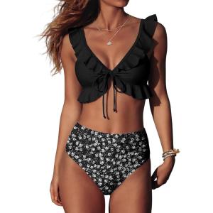 image:imageANRABESS Women High Waisted Bikini Sets Two Piece Ruffled Self Tie Swimsuit Ruched Bathing Suit 2026 Summer Beach SwimwearBlack White Floral