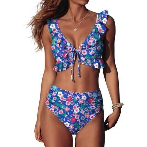 image:imageANRABESS Women High Waisted Bikini Sets Two Piece Ruffled Self Tie Swimsuit Ruched Bathing Suit 2026 Summer Beach SwimwearBlue Pink Floral