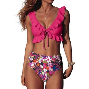 image:imageANRABESS Women High Waisted Bikini Sets Two Piece Ruffled Self Tie Swimsuit Ruched Bathing Suit 2026 Summer Beach SwimwearHot Pink Floral
