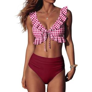 image:imageANRABESS Women High Waisted Bikini Sets Two Piece Ruffled Self Tie Swimsuit Ruched Bathing Suit 2026 Summer Beach SwimwearRed White Plaid