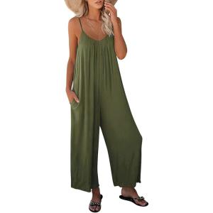 image:imageANRABESS Women Jumpsuits 2026 Casual Sleeveless Spaghetti Strap Boho Wide Leg Rompers Summer Outfits Beach Vacation ClothesArmygreen