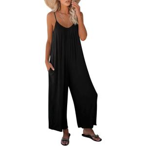 image:imageANRABESS Women Jumpsuits 2026 Casual Sleeveless Spaghetti Strap Boho Wide Leg Rompers Summer Outfits Beach Vacation ClothesBlack