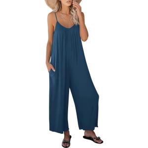 image:imageANRABESS Women Jumpsuits 2026 Casual Sleeveless Spaghetti Strap Boho Wide Leg Rompers Summer Outfits Beach Vacation ClothesBlue