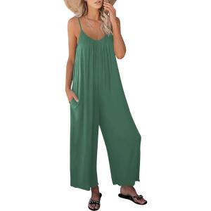 image:imageANRABESS Women Jumpsuits 2026 Casual Sleeveless Spaghetti Strap Boho Wide Leg Rompers Summer Outfits Beach Vacation ClothesBlue Green
