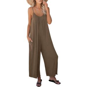 image:imageANRABESS Women Jumpsuits 2026 Casual Sleeveless Spaghetti Strap Boho Wide Leg Rompers Summer Outfits Beach Vacation ClothesBrown