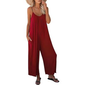 image:imageANRABESS Women Jumpsuits 2026 Casual Sleeveless Spaghetti Strap Boho Wide Leg Rompers Summer Outfits Beach Vacation ClothesBurgundy