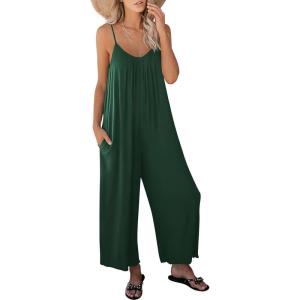 image:imageANRABESS Women Jumpsuits 2026 Casual Sleeveless Spaghetti Strap Boho Wide Leg Rompers Summer Outfits Beach Vacation ClothesDeep Green