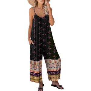 image:imageANRABESS Women Jumpsuits 2026 Casual Sleeveless Spaghetti Strap Boho Wide Leg Rompers Summer Outfits Beach Vacation ClothesFloral Black