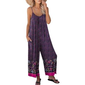 image:imageANRABESS Women Jumpsuits 2026 Casual Sleeveless Spaghetti Strap Boho Wide Leg Rompers Summer Outfits Beach Vacation ClothesFloral Purple