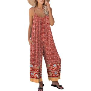 image:imageANRABESS Women Jumpsuits 2026 Casual Sleeveless Spaghetti Strap Boho Wide Leg Rompers Summer Outfits Beach Vacation ClothesFloral Red