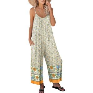 image:imageANRABESS Women Jumpsuits 2026 Casual Sleeveless Spaghetti Strap Boho Wide Leg Rompers Summer Outfits Beach Vacation ClothesFloral Yellow