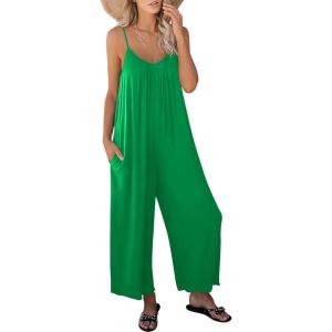 image:imageANRABESS Women Jumpsuits 2026 Casual Sleeveless Spaghetti Strap Boho Wide Leg Rompers Summer Outfits Beach Vacation ClothesGrass