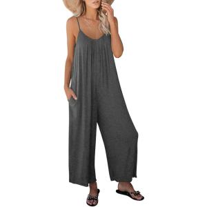 image:imageANRABESS Women Jumpsuits 2026 Casual Sleeveless Spaghetti Strap Boho Wide Leg Rompers Summer Outfits Beach Vacation ClothesGrey