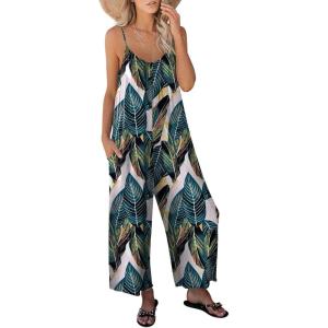 image:imageANRABESS Women Jumpsuits 2026 Casual Sleeveless Spaghetti Strap Boho Wide Leg Rompers Summer Outfits Beach Vacation ClothesLeaf Print