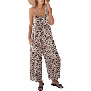 image:imageANRABESS Women Jumpsuits 2026 Casual Sleeveless Spaghetti Strap Boho Wide Leg Rompers Summer Outfits Beach Vacation ClothesLeopard Print