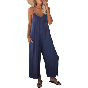 image:imageANRABESS Women Jumpsuits 2026 Casual Sleeveless Spaghetti Strap Boho Wide Leg Rompers Summer Outfits Beach Vacation ClothesNavy Blue