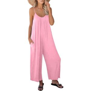 image:imageANRABESS Women Jumpsuits 2026 Casual Sleeveless Spaghetti Strap Boho Wide Leg Rompers Summer Outfits Beach Vacation ClothesPink