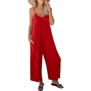 image:imageANRABESS Women Jumpsuits 2026 Casual Sleeveless Spaghetti Strap Boho Wide Leg Rompers Summer Outfits Beach Vacation ClothesRed