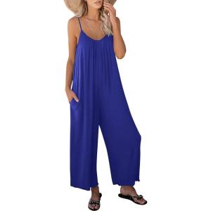 image:imageANRABESS Women Jumpsuits 2026 Casual Sleeveless Spaghetti Strap Boho Wide Leg Rompers Summer Outfits Beach Vacation ClothesRoyal Blue