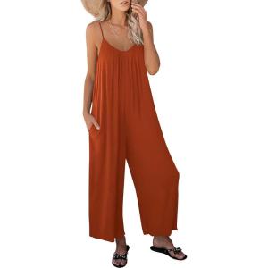 image:imageANRABESS Women Jumpsuits 2026 Casual Sleeveless Spaghetti Strap Boho Wide Leg Rompers Summer Outfits Beach Vacation ClothesRust