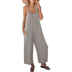 image:imageANRABESS Women Jumpsuits 2026 Casual Sleeveless Spaghetti Strap Boho Wide Leg Rompers Summer Outfits Beach Vacation ClothesSilver