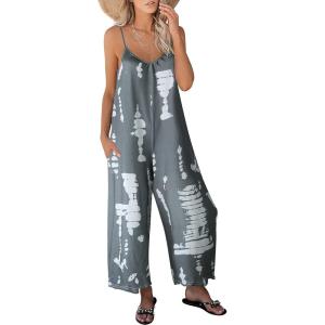 image:imageANRABESS Women Jumpsuits 2026 Casual Sleeveless Spaghetti Strap Boho Wide Leg Rompers Summer Outfits Beach Vacation ClothesTie Dye Grey
