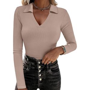 image:imageANRABESS Women Long Sleeve Polo Shirts V Neck Slim Rib Knit Collared Dressy Business Casual Top 2025 Basic Tee Fall OutfitsLight Camel