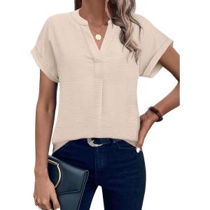 image:imageANRABESS Women Short Sleeve Henley Top V Neck Dressy Business Casual Work Blouses Summer Shirts 2026 Vacation Fashion ClothesBeige